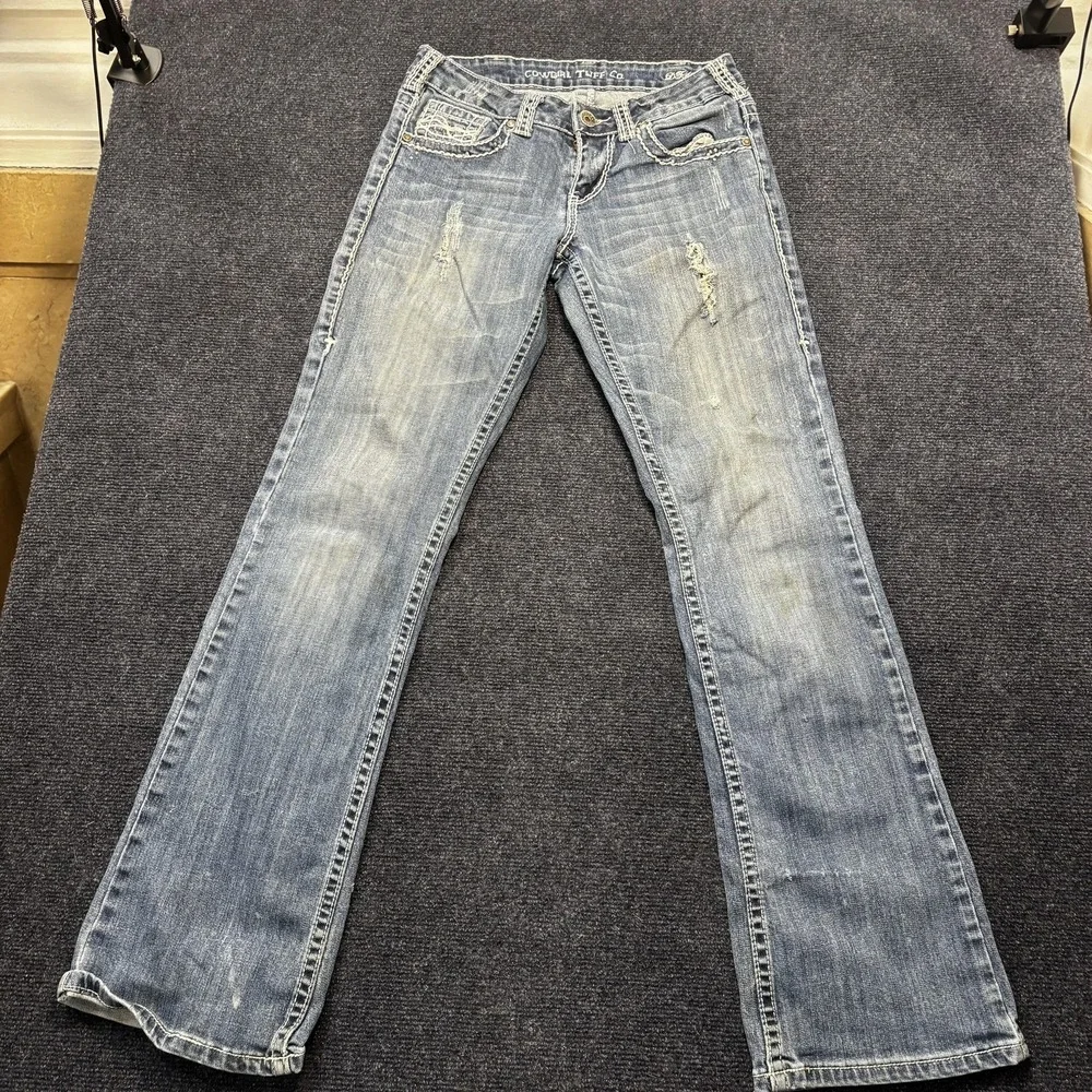 Cowgirl Tuff Co. Bootcut Jeans Womens 27x33 Blue Distressed Embroidered Denim